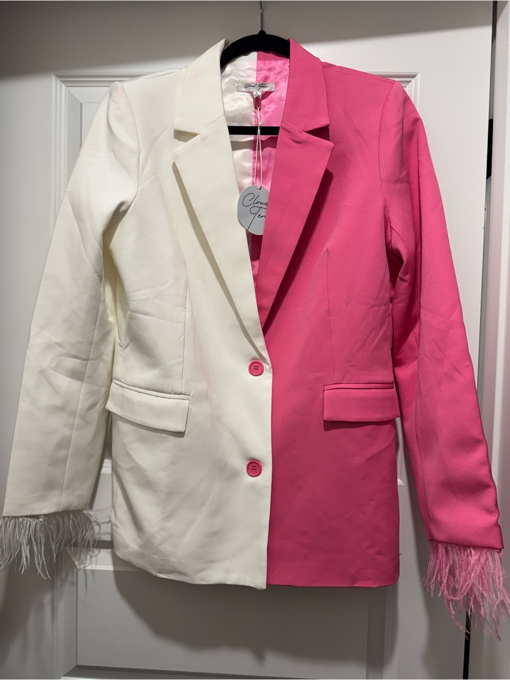 NWT Colorblock Pink and Cream Feather-Trim Blazer